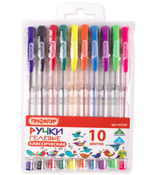 кс_Ручки гелевые ПИФАГОР, 142794 набор 10 шт. АССОРТИ, корп.прозрач.,узел 0,5 мм, лин.письма 0,35 мм